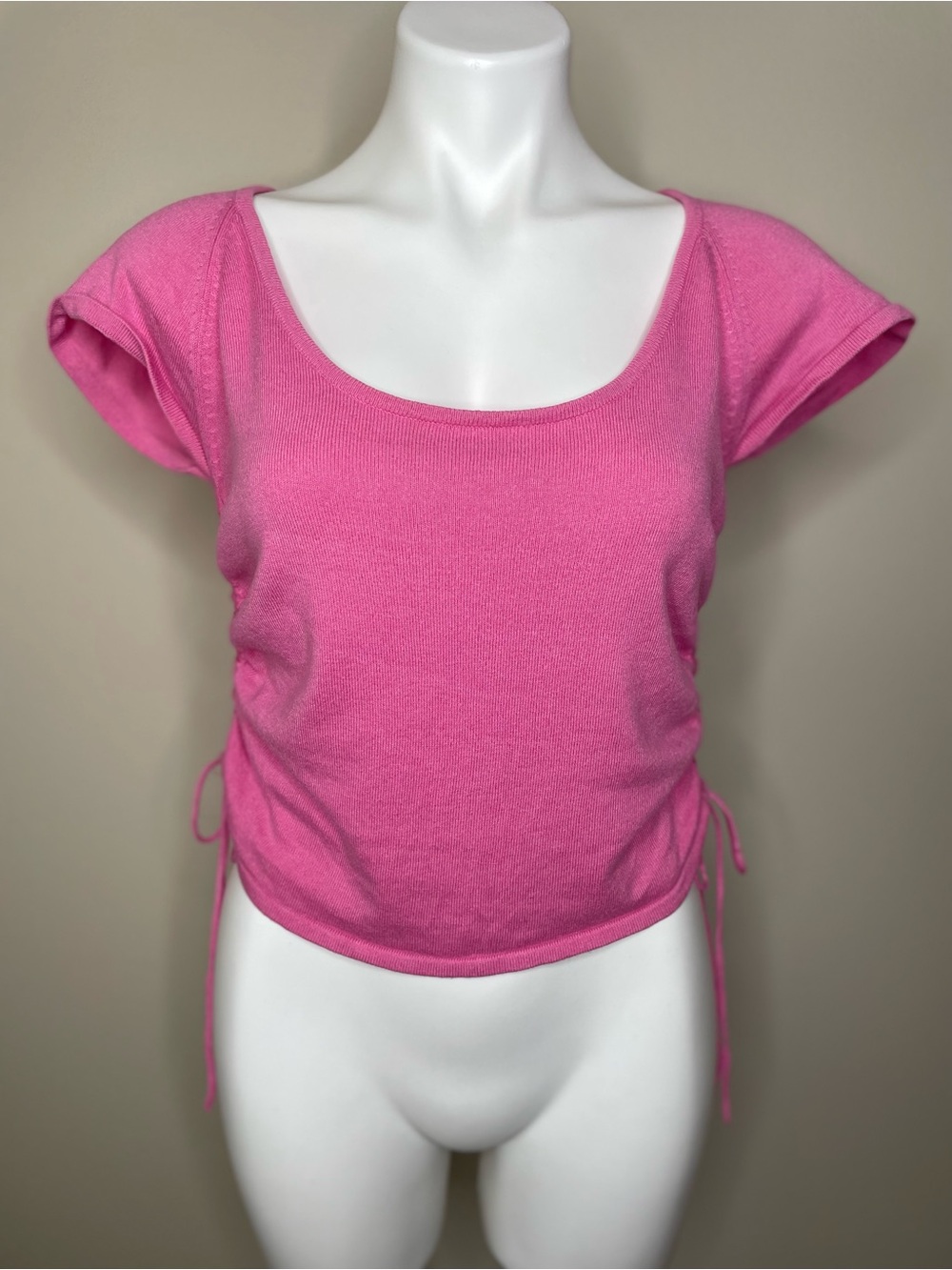 Vintage Bright Pink Scoop Neck Side-Ruched Lightweight Sweater Tee Top